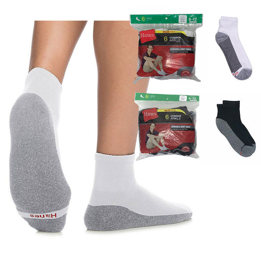 Hanes Adult Mens 6 Pack Durable Cushioned Grey Heel Ankle Socks