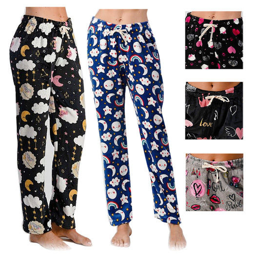 Womens Pajamas Pants Plush Fleece Printed Warm Brushed Soft Sleepwear Bottoms
