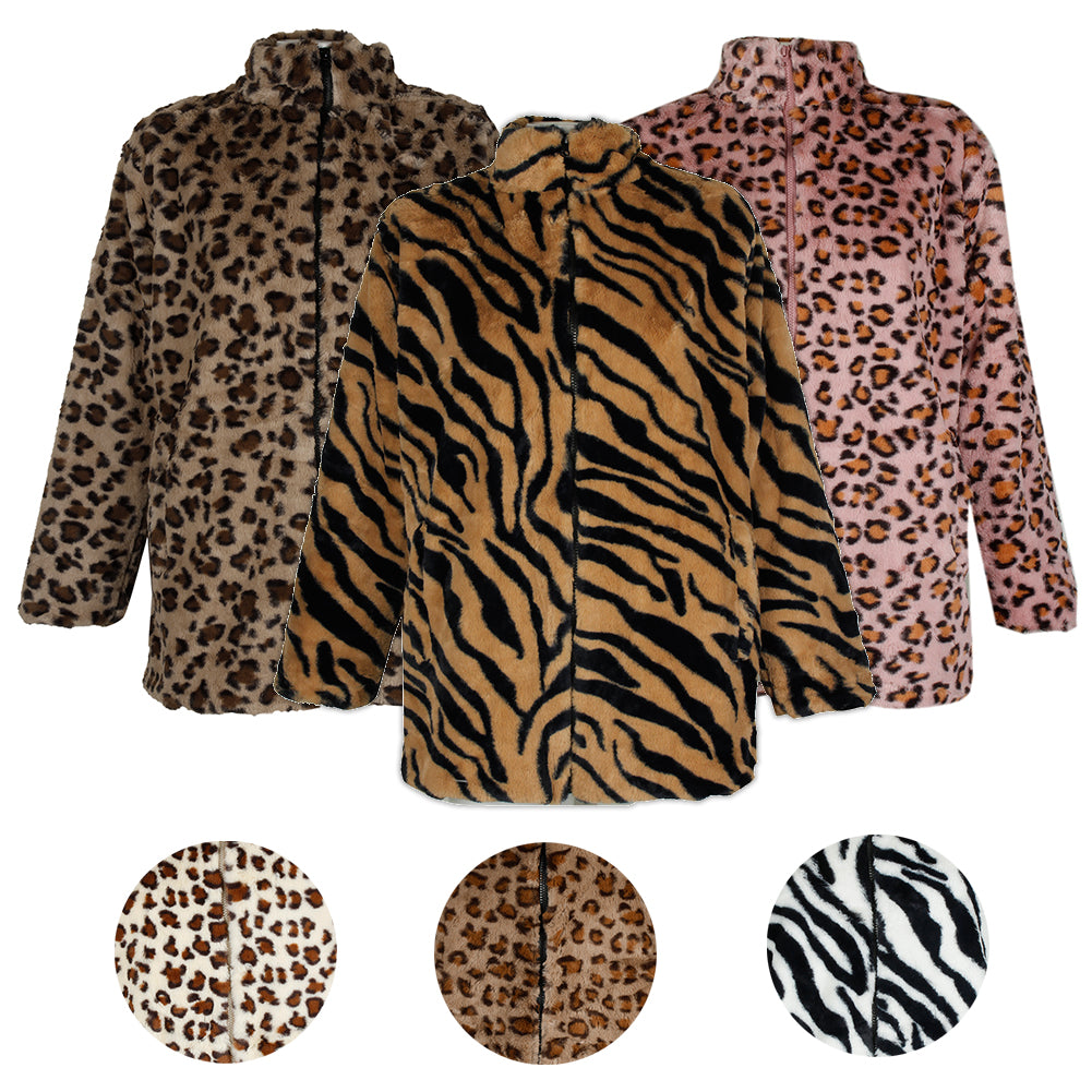 Janice Apparel Women's Faux Fur Animal Print Cheetah Tiger Zip Up Jacket
