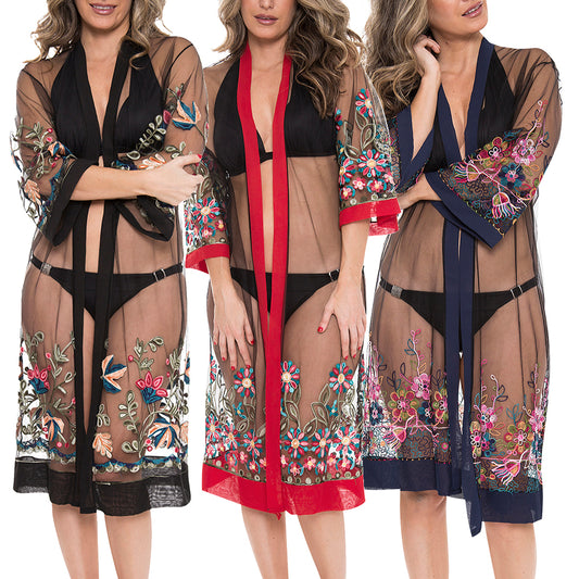 Women's Kimono Summer Embroidered Floral Lightweight Top Cover Beachwear Dress