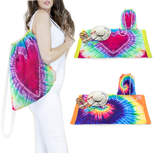 Beach Towel and Bag 2-in-1 Drawstring Tie-Dye Beach Pool Travel Accessory Set