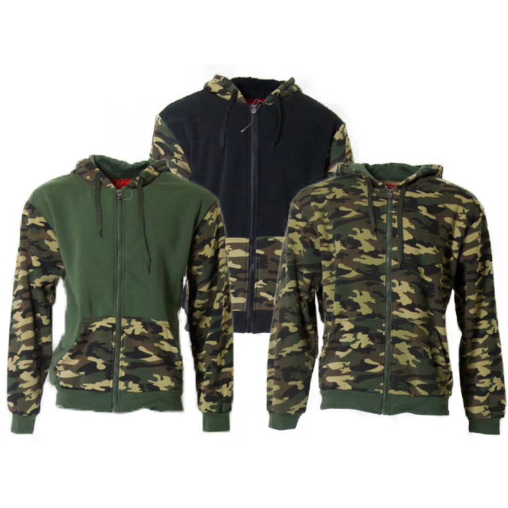 Mens Army Camo Zip Up Hoodie Sherpa Fleece Lining Sweater Jacket