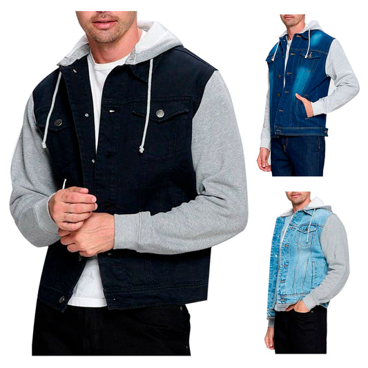 Men's Jean Jacket Hoodie Cotton Denim Long Sleeve Hybrid Hooded Trucker Jacket