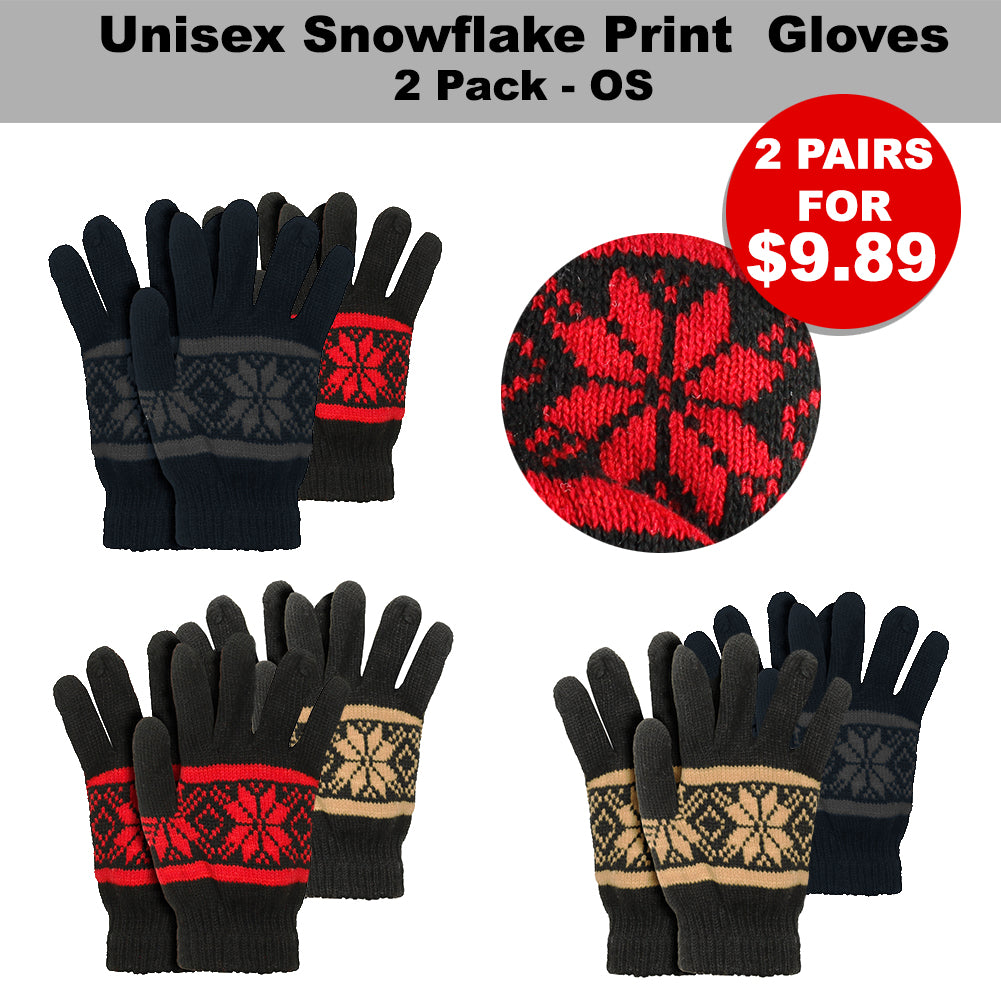 Silver Age Unisex Snowflake Print  2 Pack Gloves No Size