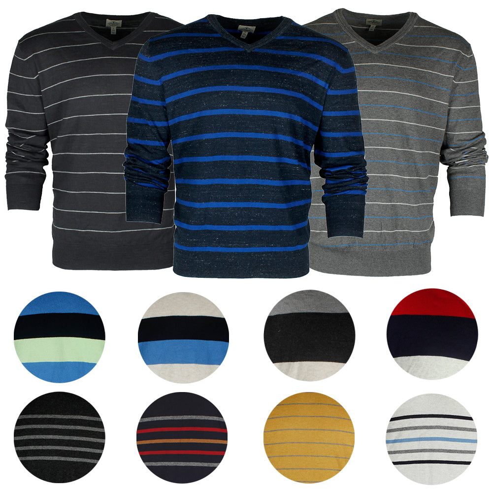 St John's Bay Men's Long Sleeve V Neck Striped Cotton Pullover Sweater