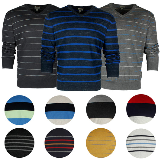 St John's Bay Men's Long Sleeve V Neck Striped Cotton Pullover Sweater