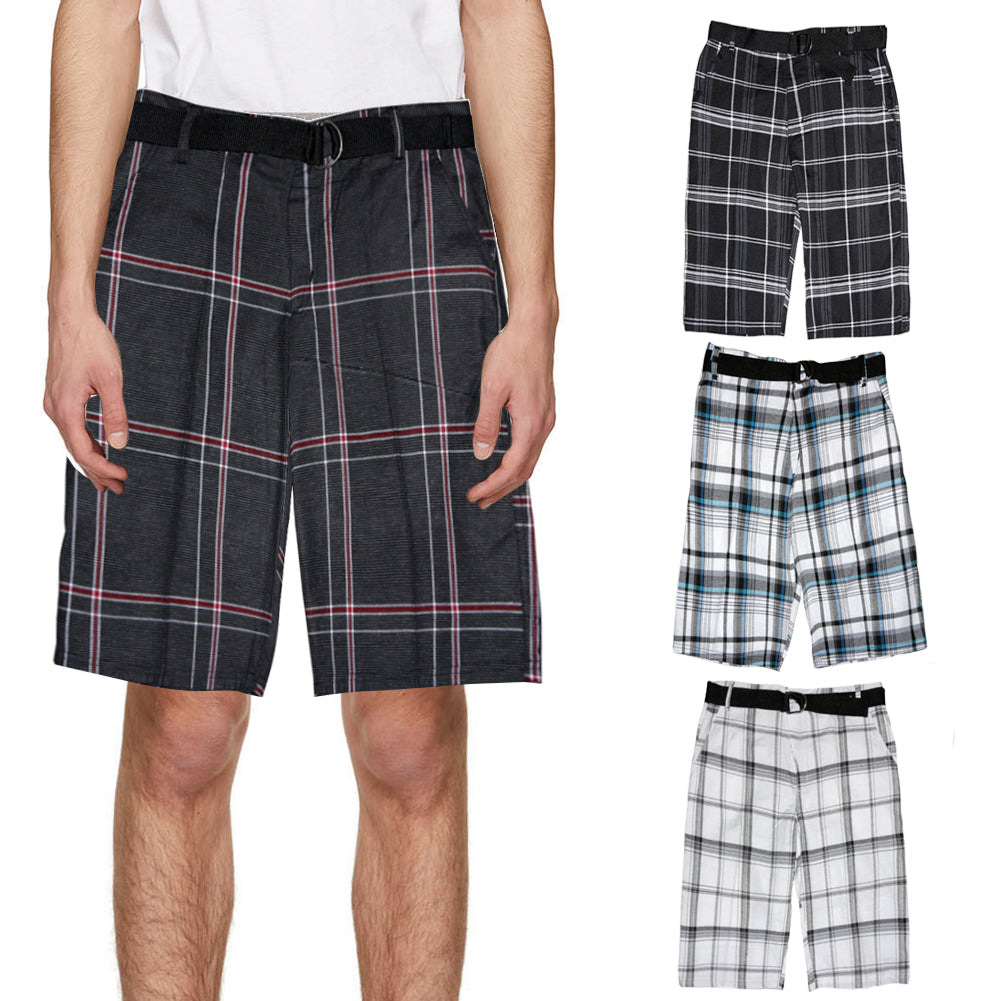 Men's Shorts 4-Pocket Casual 4-Pocket Adjustable Belted Comfort Plaid Print Shorts