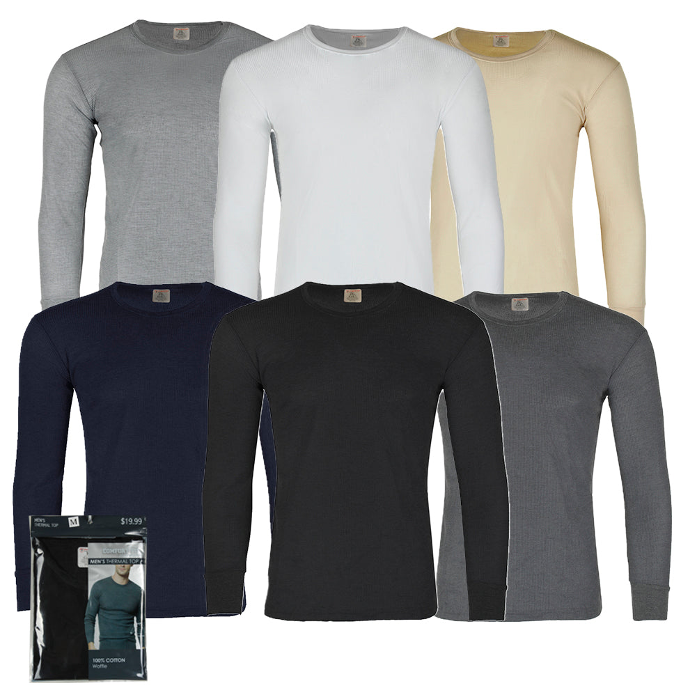 Therma Tek Men's Long Sleeve 100% Cotton Waffle Crew Neck Thermal Top Underwear