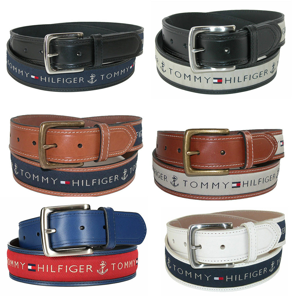Tommy Hilfiger Men's 11TL02X032 Anchor Logo Ribbon Inlay Leather Belt