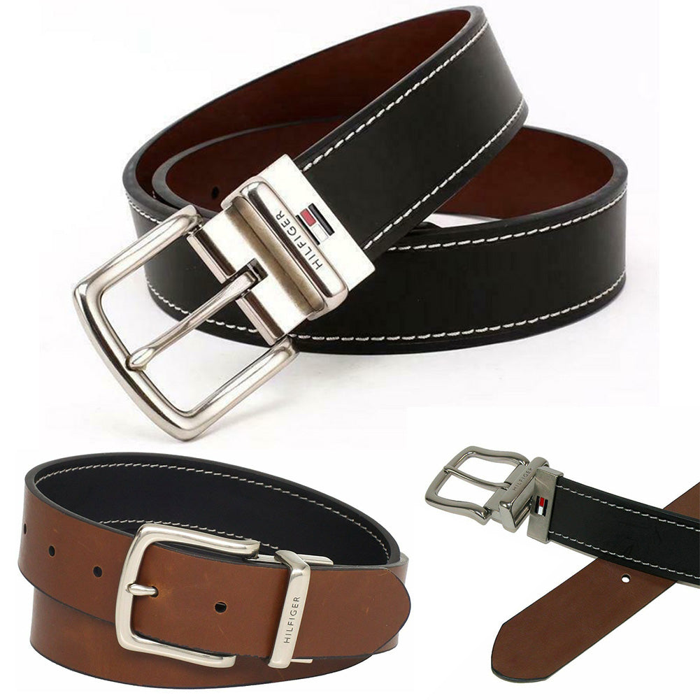 Tommy Hilfiger Men's 11TL08X009 Contrast Stitching Reversible Leather Belt