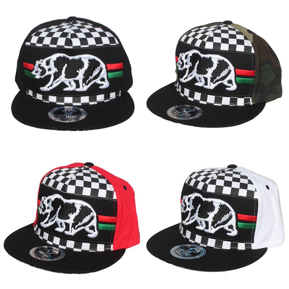 Top Level Men's Checkered Embroidered California Bear Hat Cap