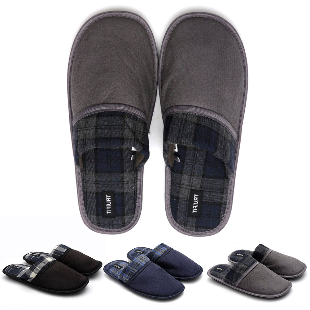 Mens Plaid Slippers Slip On Fleece Lined Indoor Comfortable Micro Suede Shoes