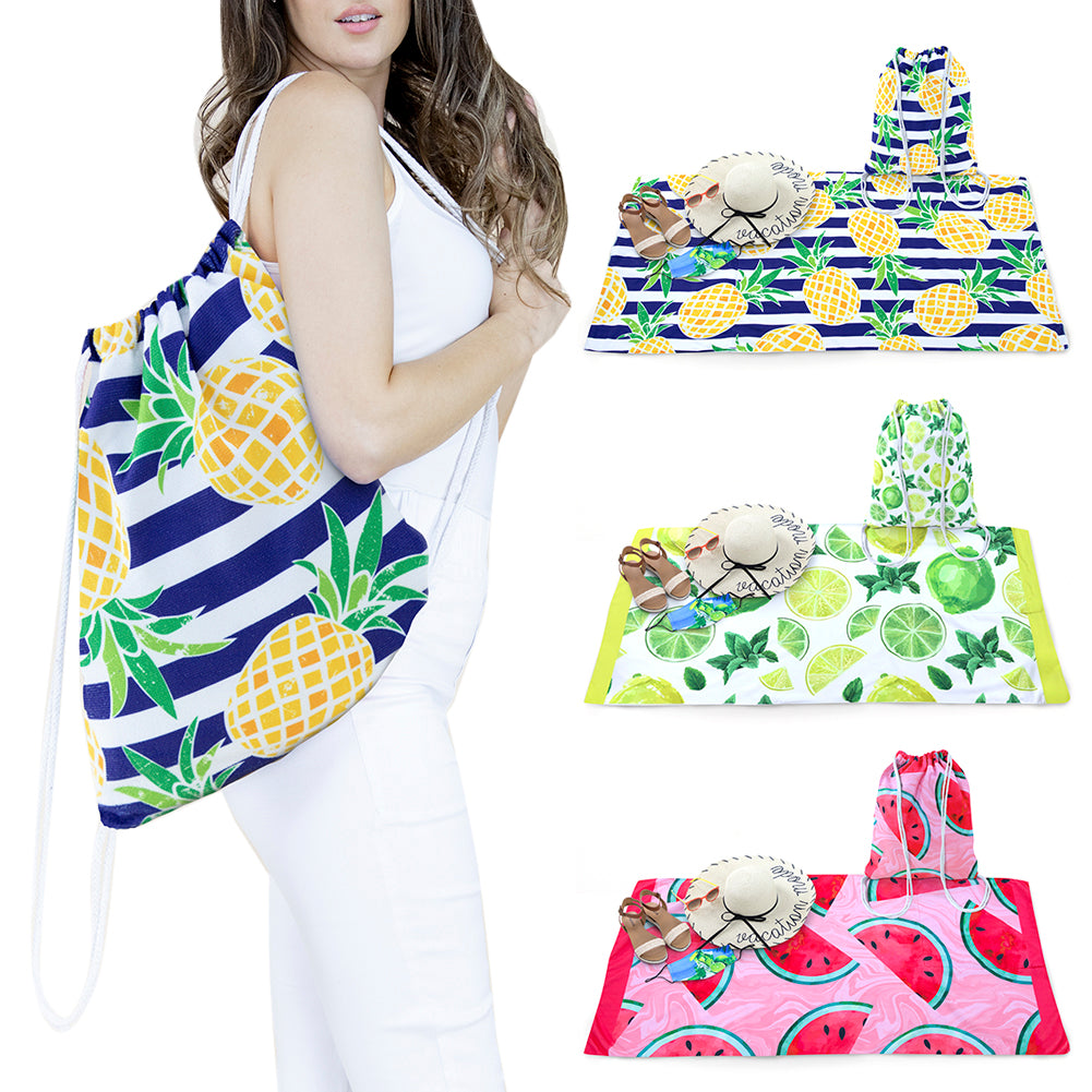 Beach Towel and Bag 2-in-1 Drawstring Beach Pool Swimming Picnic Travel Accessory Set