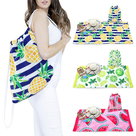 Beach Towel and Bag 2-in-1 Drawstring Beach Pool Swimming Picnic Travel Accessory Set