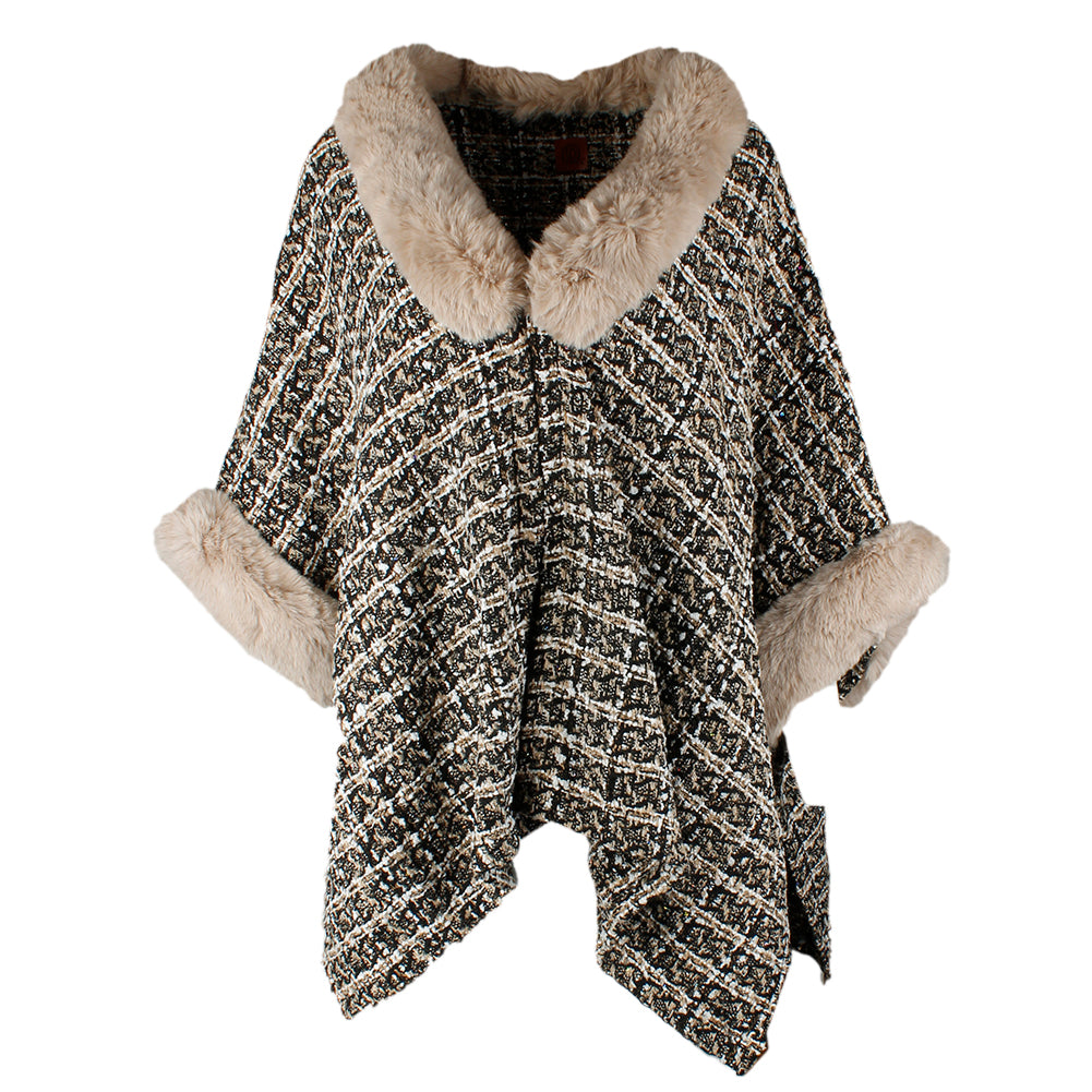 Very Moda Women's Faux Fur Trimmed Tweed Pattern Cape