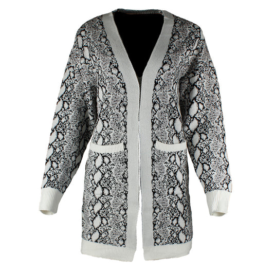 Very Moda Women's Long Sleeve Snake Print Pocket Cardigan