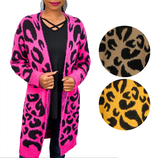 Very Moda Women's Long Sleeve Eyelash Knit Leopard Print Cardigan