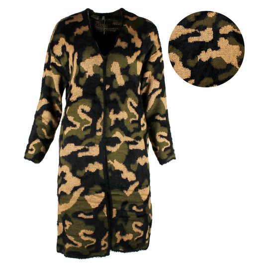 Very Moda Women's Long Sleeve Eyelash Knit Camouflage Open Cardigan