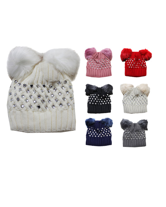 DBFL1 Women's Cable Knit Pom Pom Beanie with Rhinestones 7 Colors