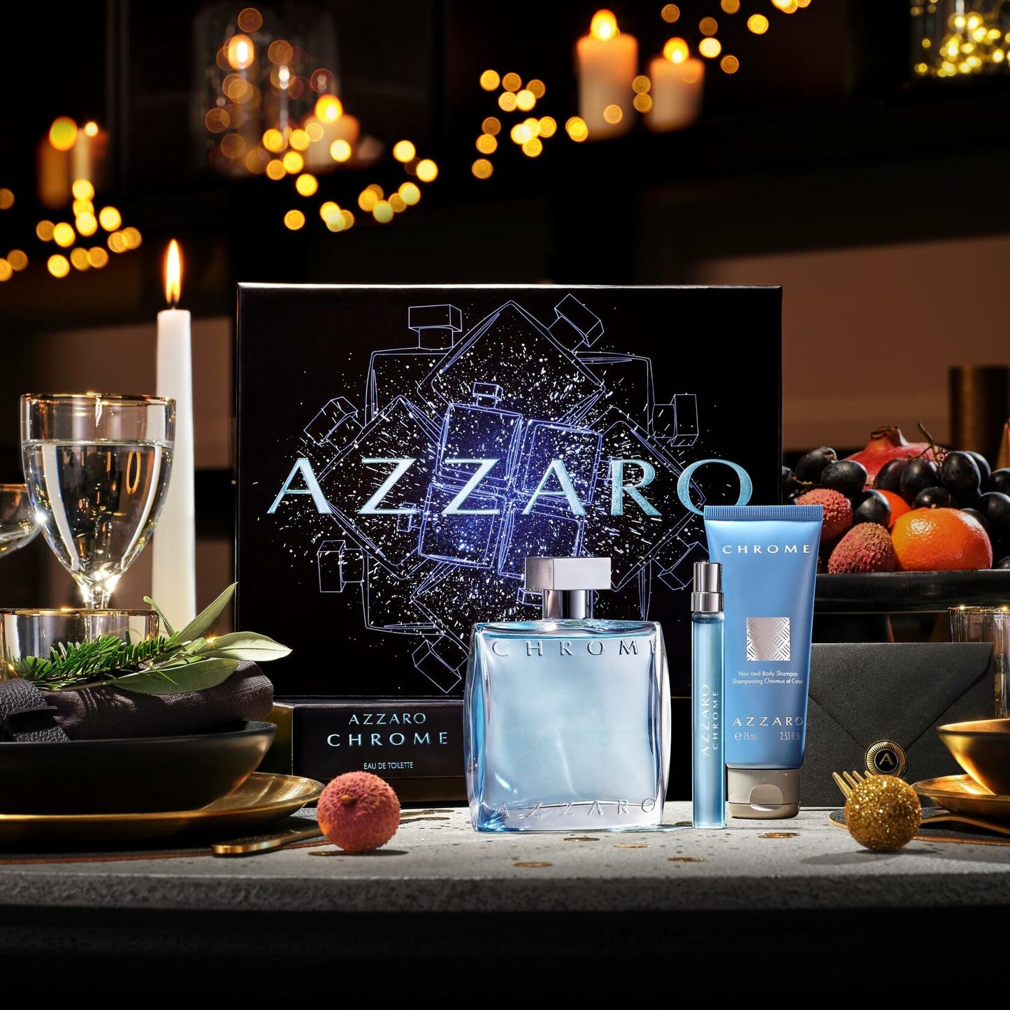 Azzaro Chrome Eau de Toilette - Fresh Mens Cologne Gift Set - 3-Piece Holiday Set Includes Full Size + Travel Size Fragrances + Hair & Body Shampoo – Citrus Aquatic Cologne for Men - Lasting Wear