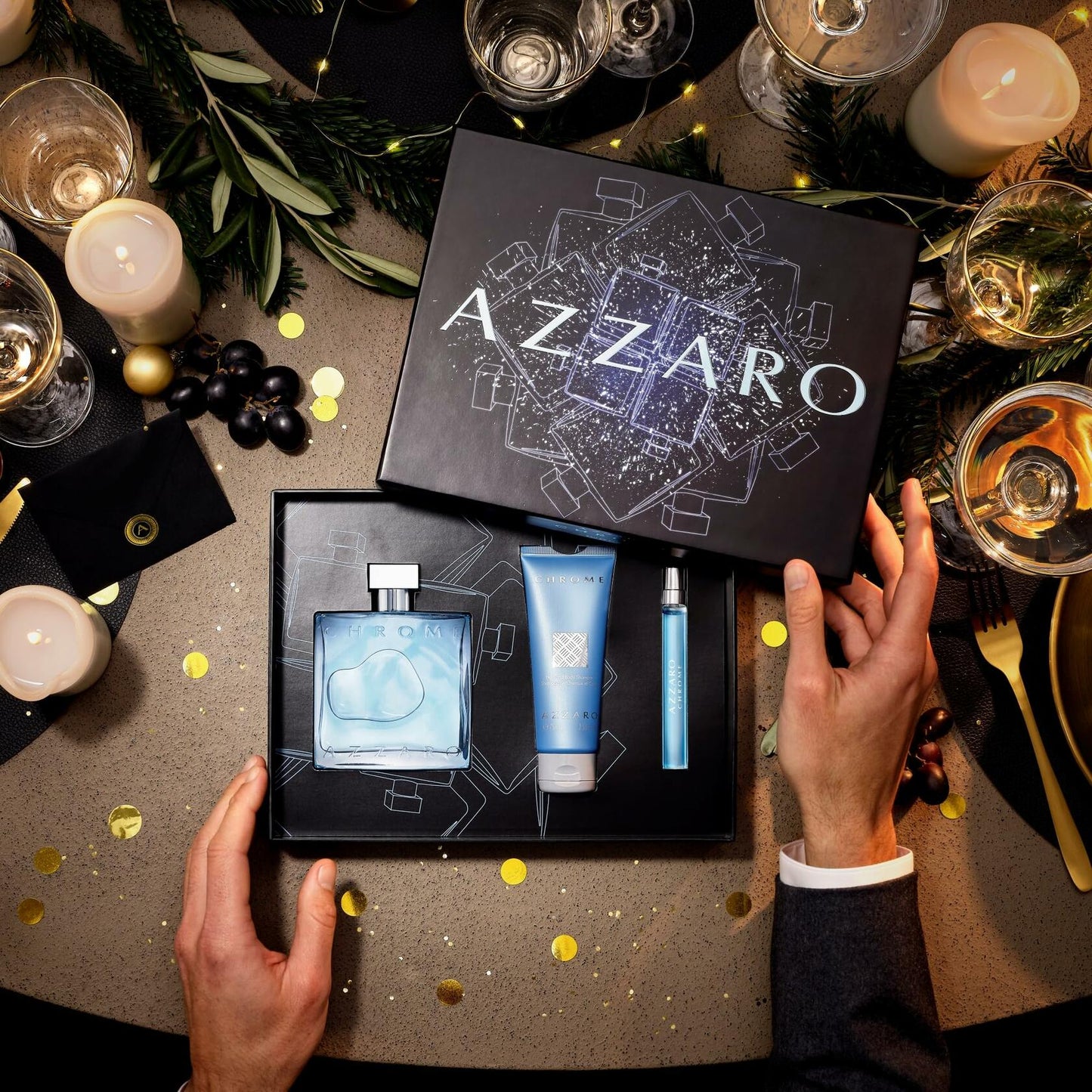 Azzaro Chrome Eau de Toilette - Fresh Mens Cologne Gift Set - 3-Piece Holiday Set Includes Full Size + Travel Size Fragrances + Hair & Body Shampoo – Citrus Aquatic Cologne for Men - Lasting Wear