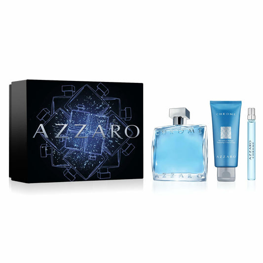Azzaro Chrome Eau de Toilette - Fresh Mens Cologne Gift Set - 3-Piece Holiday Set Includes Full Size + Travel Size Fragrances + Hair & Body Shampoo – Citrus Aquatic Cologne for Men - Lasting Wear