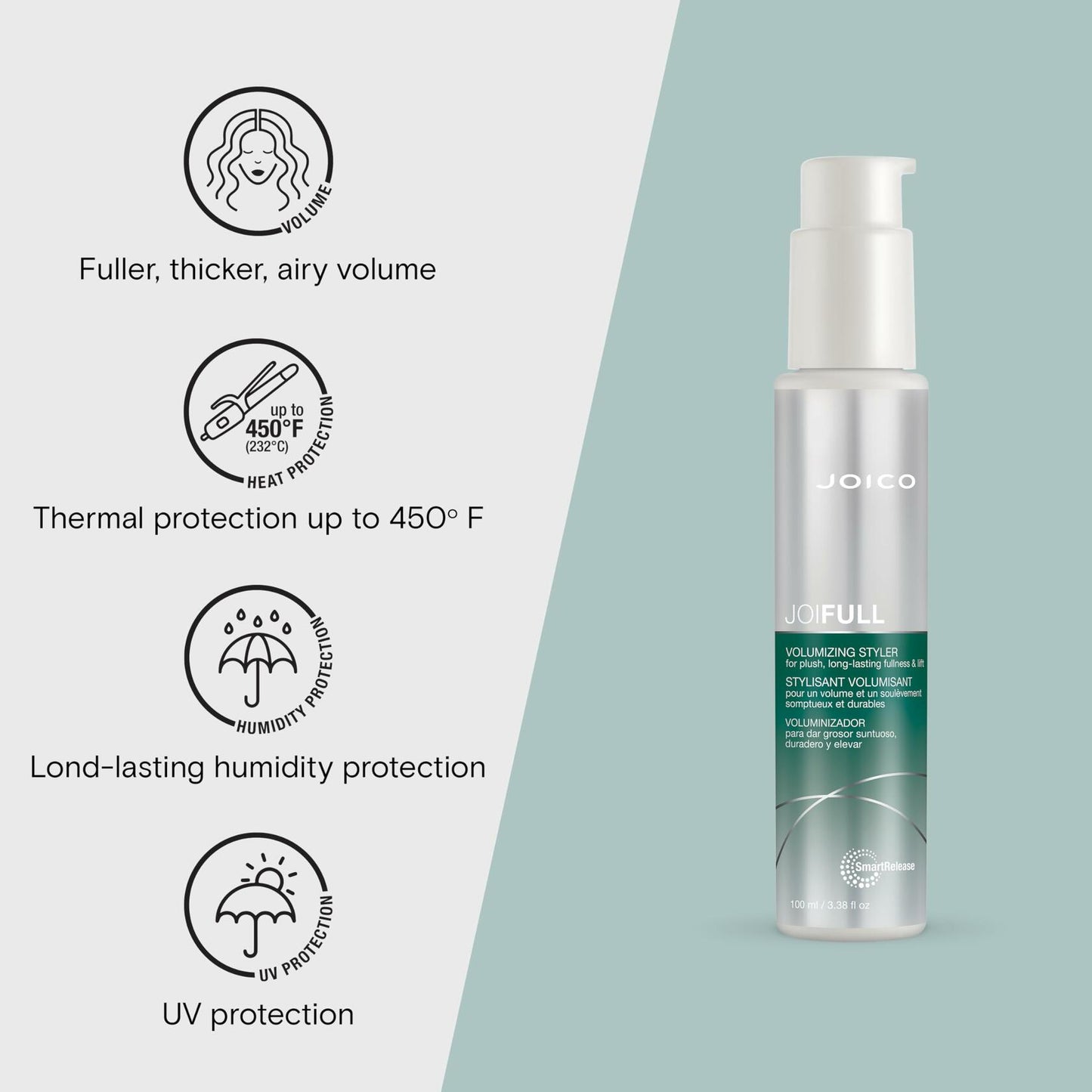 Joico JoiFULL Volumizing Styler | For Fine, Thin Hair | Add Instant Body | Long-Lasting Volume & Texture | Protect Against Pollution | With Rice Protein & Bamboo Extract | 3.38 Fl Oz