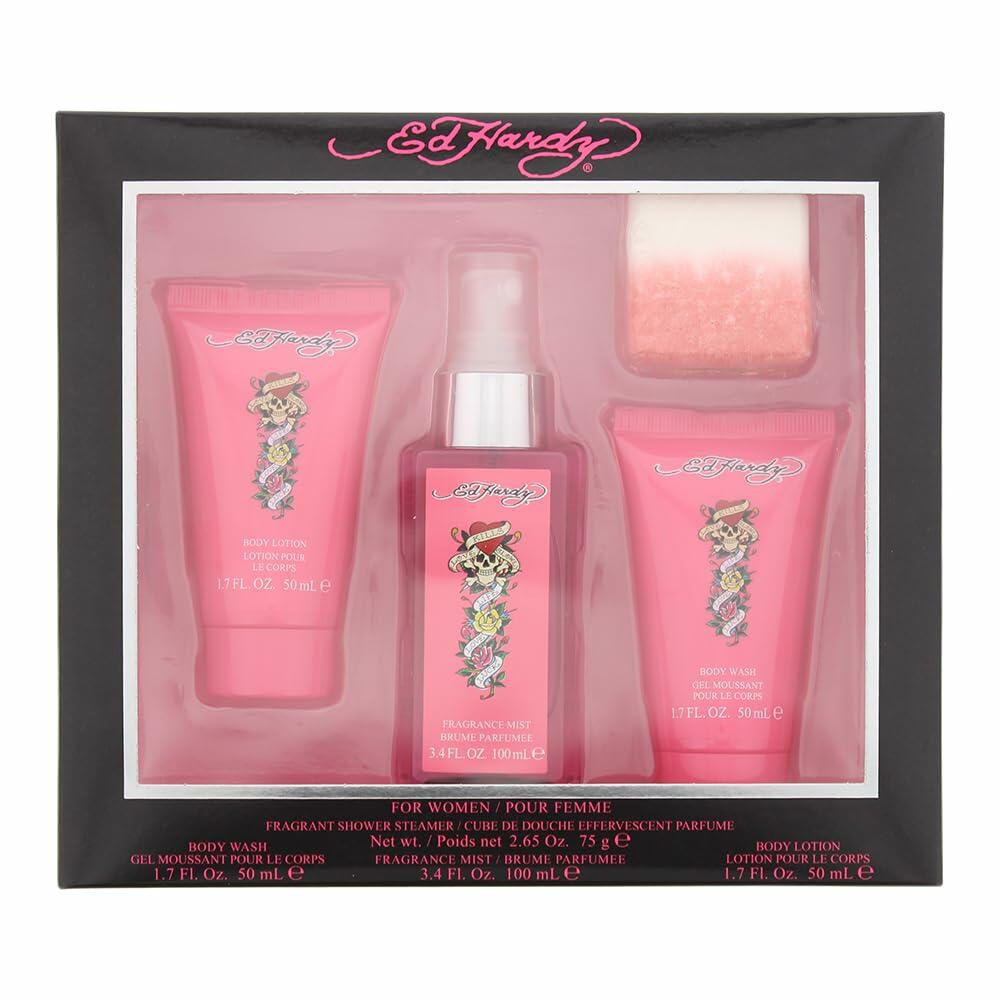 Ed Hardy 4 Pieces Gift Set for Women, (3.4 Ounce Body Mist + 1.7 Ounce Body Lotion + 1.7 Ounce Body Wash + 2.65 Ounce Shower Steamer)