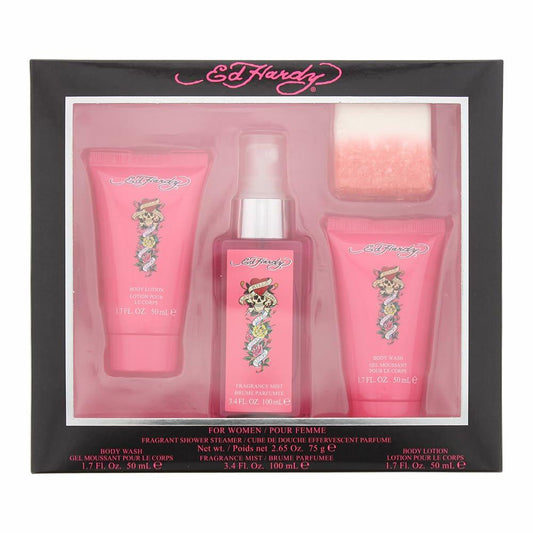 Ed Hardy 4 Pieces Gift Set for Women, (3.4 Ounce Body Mist + 1.7 Ounce Body Lotion + 1.7 Ounce Body Wash + 2.65 Ounce Shower Steamer)