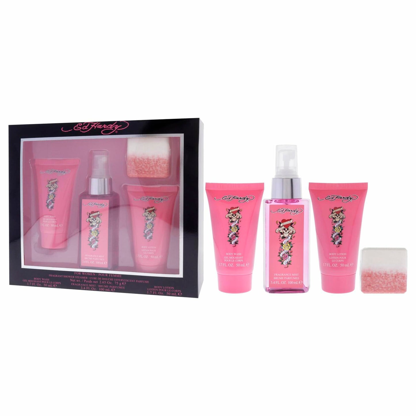 Ed Hardy 4 Pieces Gift Set for Women, (3.4 Ounce Body Mist + 1.7 Ounce Body Lotion + 1.7 Ounce Body Wash + 2.65 Ounce Shower Steamer)
