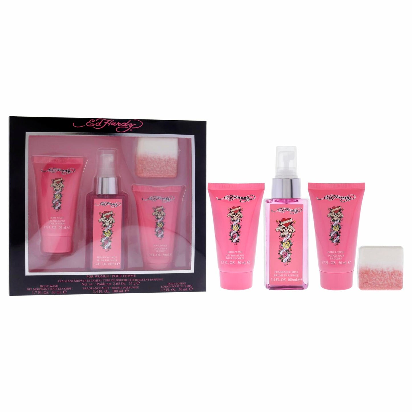 Ed Hardy 4 Pieces Gift Set for Women, (3.4 Ounce Body Mist + 1.7 Ounce Body Lotion + 1.7 Ounce Body Wash + 2.65 Ounce Shower Steamer)