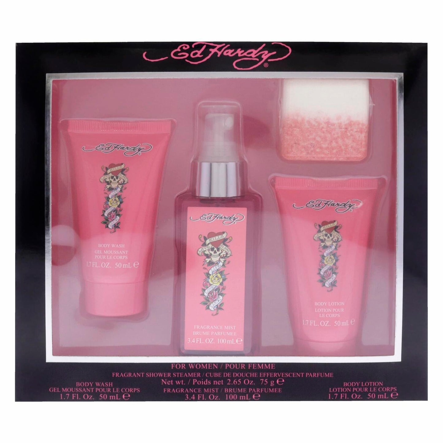 Ed Hardy 4 Pieces Gift Set for Women, (3.4 Ounce Body Mist + 1.7 Ounce Body Lotion + 1.7 Ounce Body Wash + 2.65 Ounce Shower Steamer)