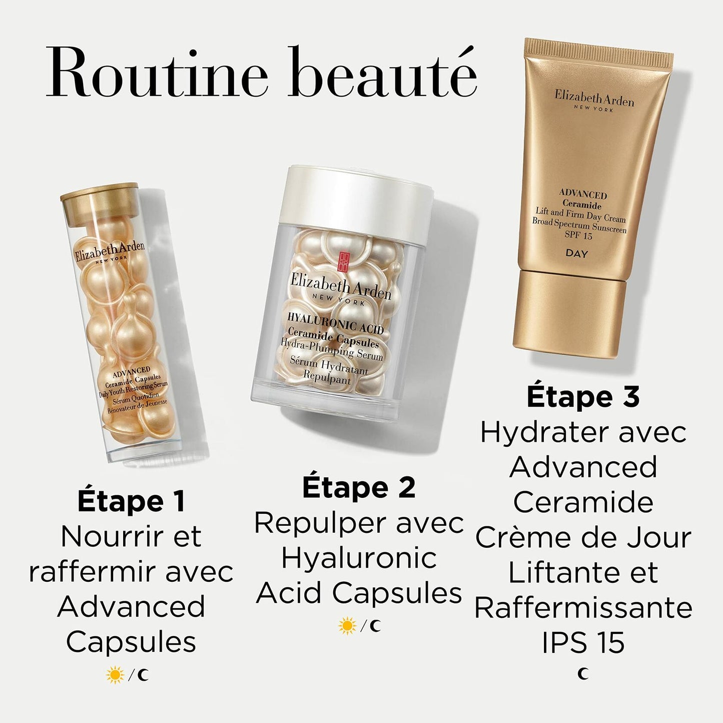 Elizabeth Arden 3 Piece Ceramide Skin Care Set, Lift and Firm Day Cream, Hylaruonic Acid Ceramide Capsules, Adavanced Ceramide Capsules