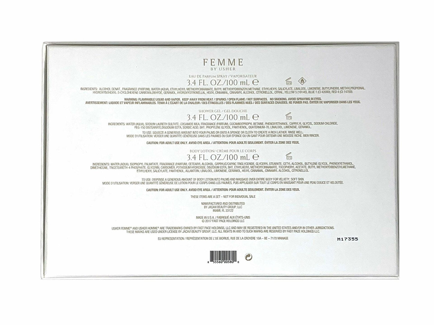 Usher Femme Gift Set for Women - Eau De Parfum Spray (3.4 Oz) + Body Lotion + Shower Gel