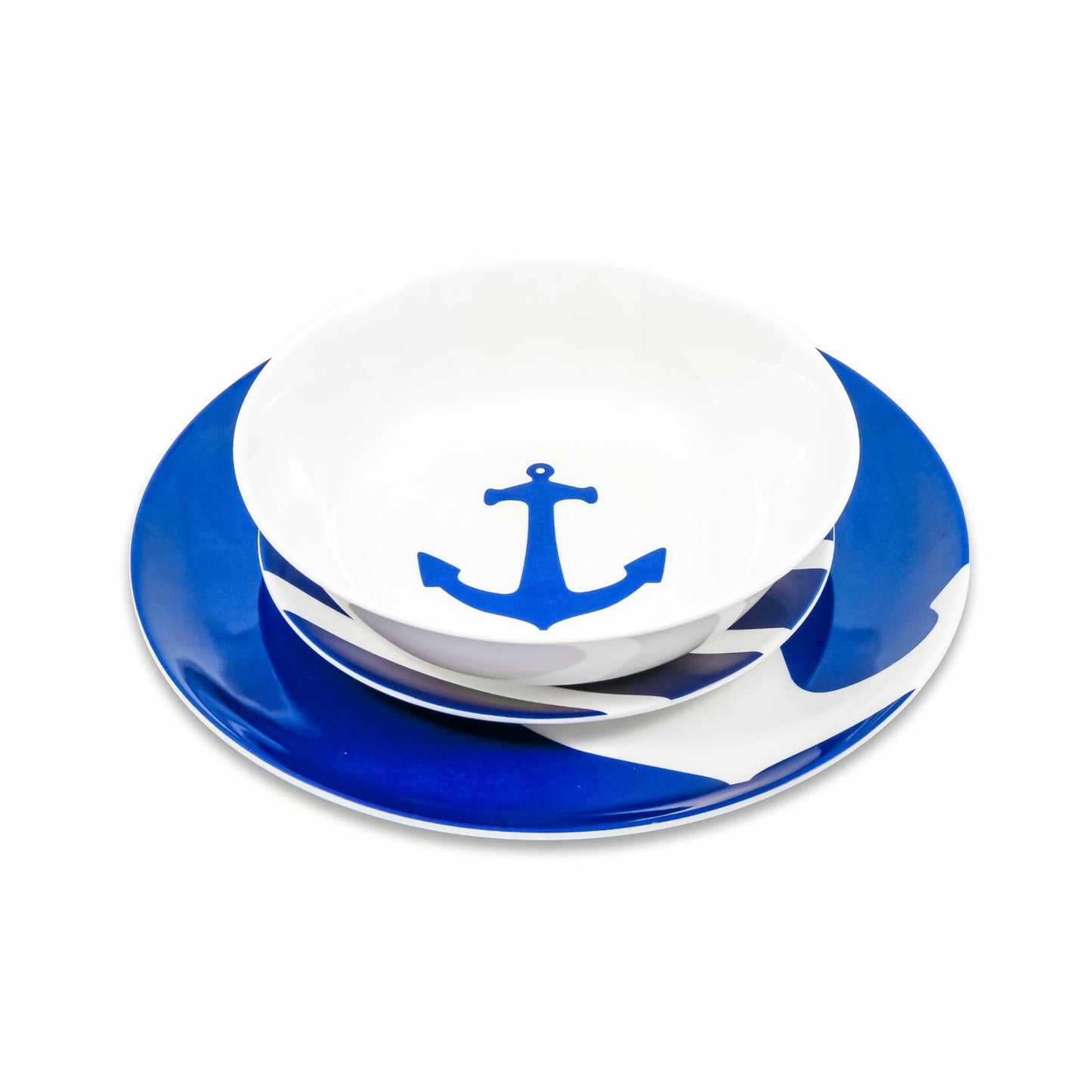 Camco 12 Piece Melamine Dishware Set - Features Blue and White Nautical Design - Includes 4 Bowls, 4 Salad Plates, & $ Dinner Plates - Dishwasher Safe Dish Set (41951)