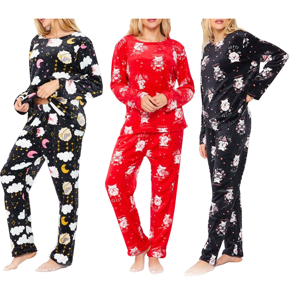 Women's Fleece Pajama Set Print Design Plush Casual Sleepwear Top & Bottom Set
