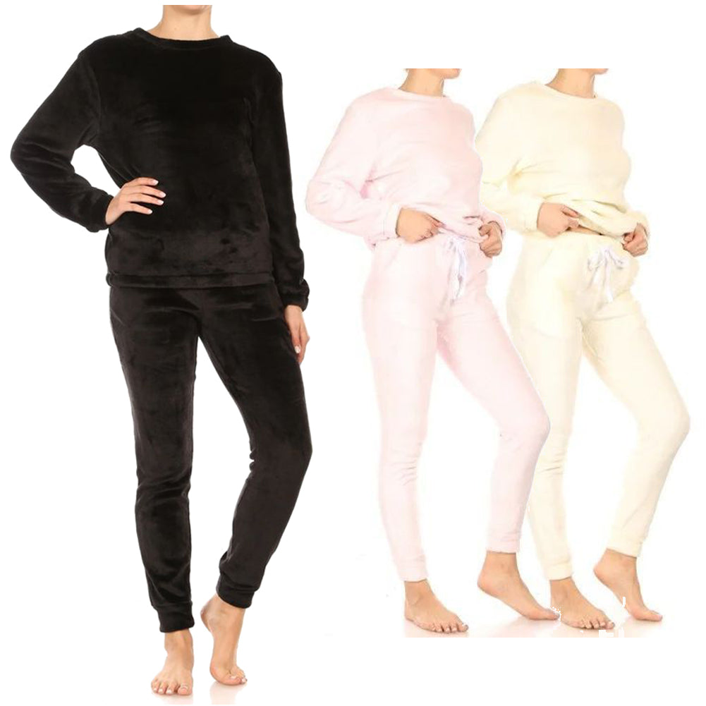 Womens Pajama Set Double Plush Faux Fur Long Sleeve Sweatshirt & Jogger Pants
