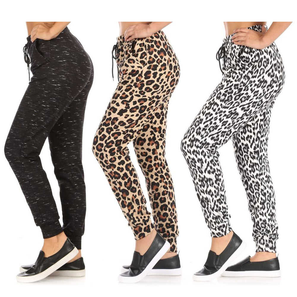 Womens Animal Print Jogger Fleece Lined Drawstring Mid-Rise Casual Bottoms