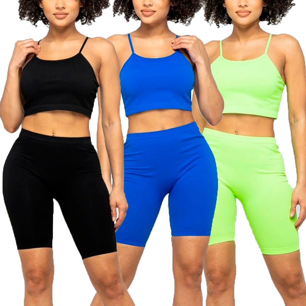 Women's Crop Top & Biker Shorts Casual Athletic Spaghetti Strap Fitness Top Set