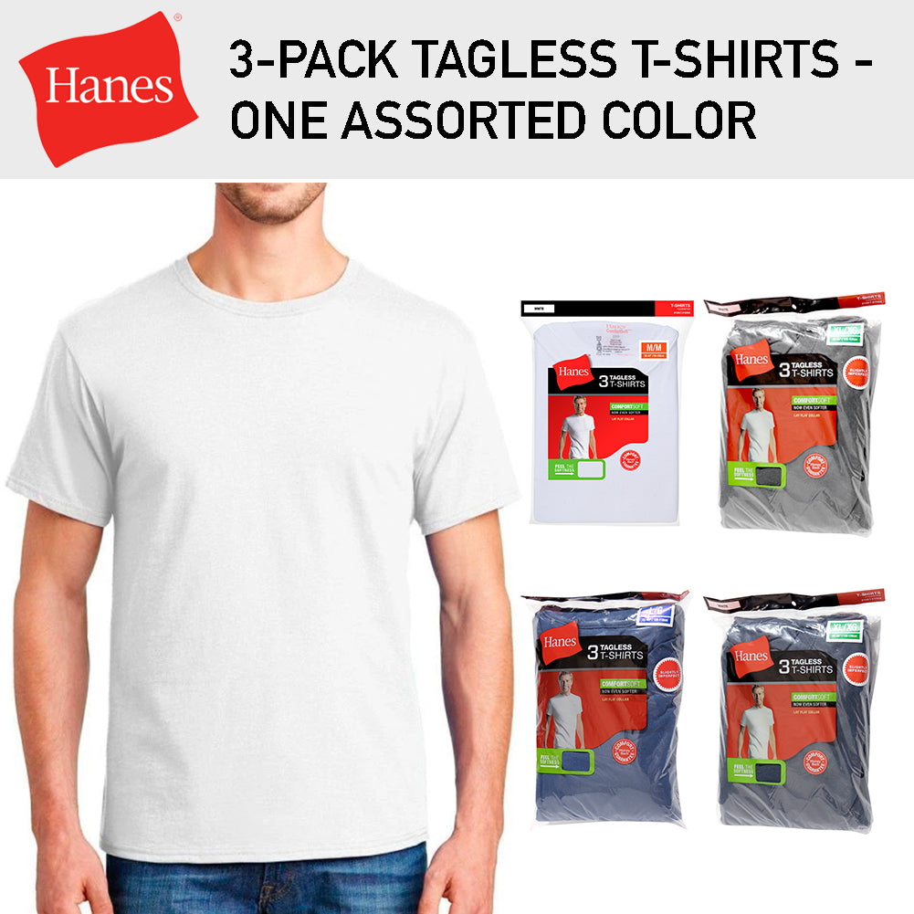 Hanes 3-Pack Men's Tagless T-Shirt ComfortSoft Crewneck Assorted Colors