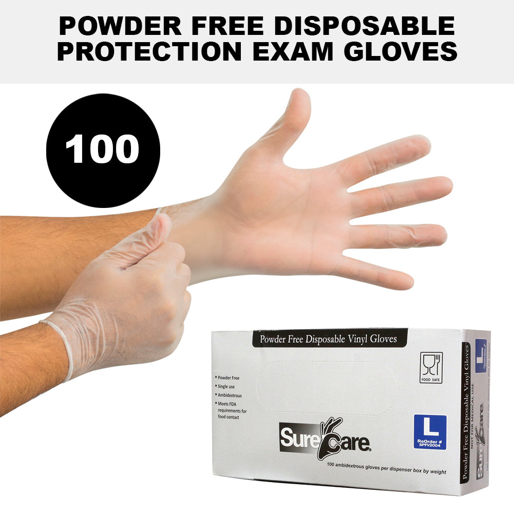 Vinyl Disposable Gloves 100 Count Powder Free Strong Hand Protection Sure Care